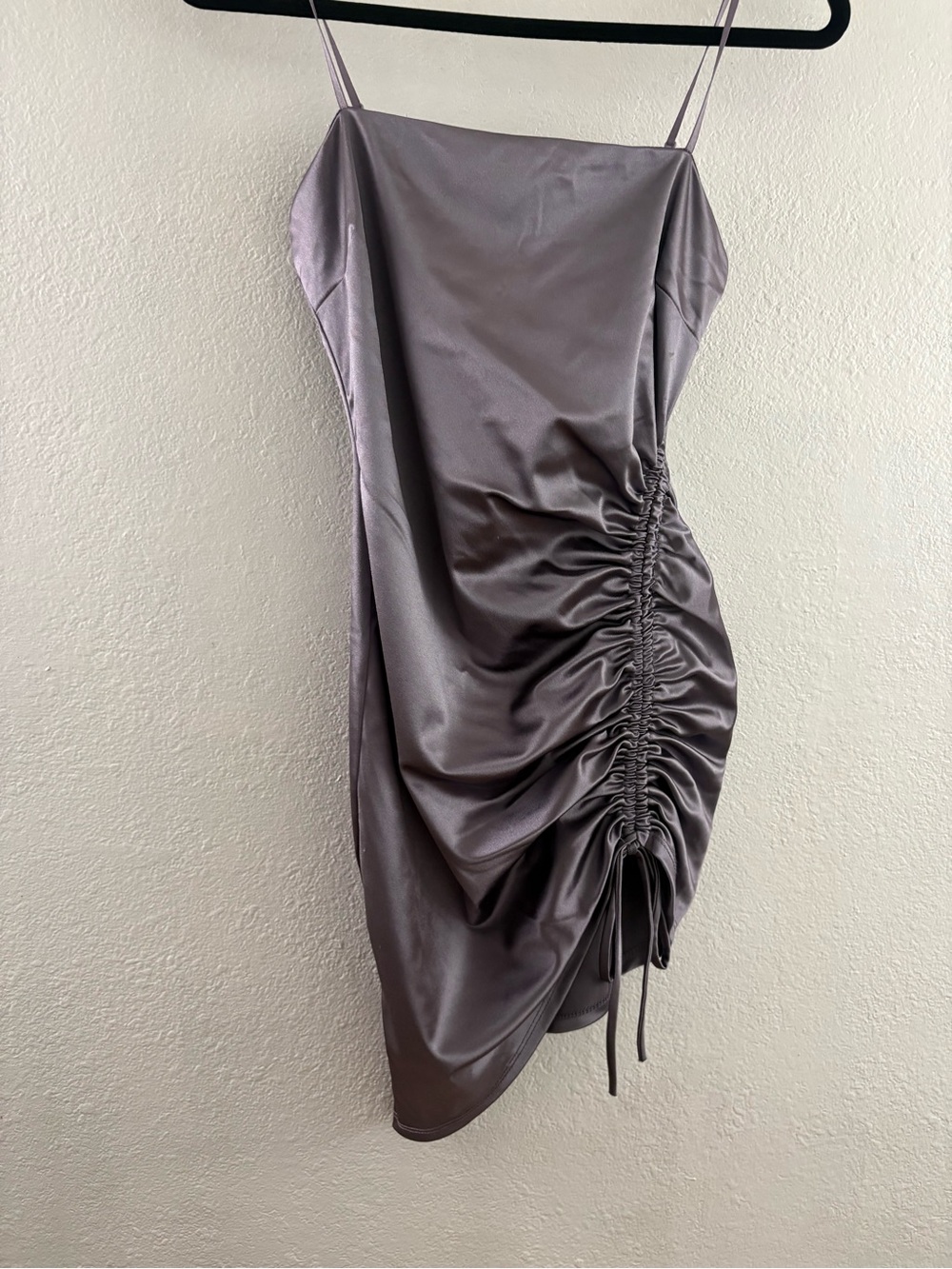Glare glossy satin slip dress featuring adjustable side-ruch spaghetti straps M